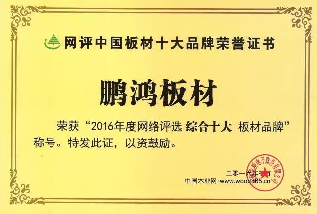 鵬鴻實力再獲肯定，蟬聯(lián)木業(yè)網(wǎng)2017年度“生態(tài)板十大品牌”